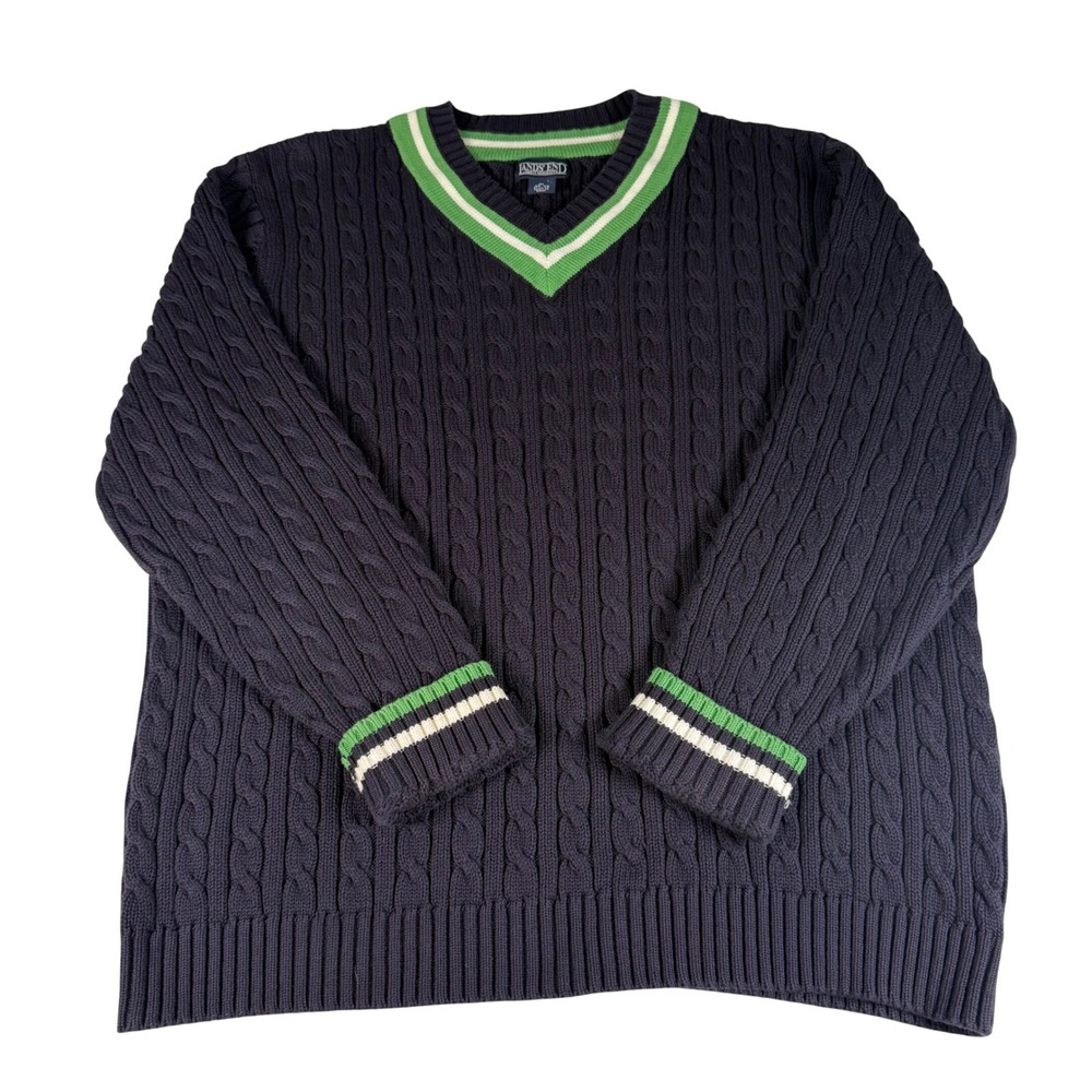 Lands End Varsity Cable Knit V Neck‎ Sweater XL Green Stripe Trim Navy Preppy
